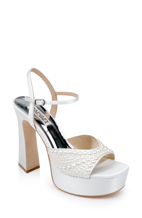Bryleigh Satin Platform Block Heels with Bejeweled Vamp